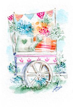 a watercolor painting of a cat in a wagon with flowers on the front and back