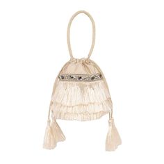 Her name was Lola, she was a showgirl, and she would have swooned for her BuDhaGirl namesake bag. Talk about the perfect cha-cha bag meant for the evening, but all the Lolas out there know they can wear it anytime. Silky satin is paired with fabulous layers of Raffia fringe featuring a fun beaded drawstring closure. Our Lola bag is trimmed with crystal embroidered ribbon and finished with a beaded handle long enough to carry over the shoulder with a small pocket inside. Available in Pink, White, Beige Rectangular Bucket Bag For Party, Luxury Party Clutch Bucket Bag, Luxury Handheld Bucket Bag For Party, Luxury Party Bucket Bag, Chic Fringe Clutch For Parties, Chic Bucket Evening Bag For Party, Chic Beige Bucket Bag For Evening, Beige Tote Shoulder Bag For Party, Beige Top Handle Clutch For Party