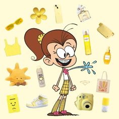 a cartoon character surrounded by various items