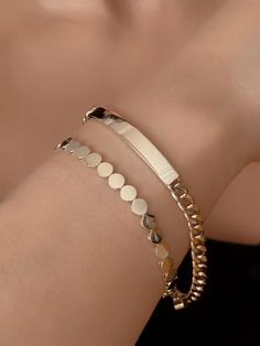 Take a chance with the 14K Gold ID Bracelet Or Disc Chain Bracelet! This Nameplate Bracelet is a personalized beauty, engraved to perfection. Dare to double stack with this strong, bold chain bracelet. ✪ Handmade / Handcrafted Fine Jewelry  ✪ Gold Weight: Approx.  7,46 gr  ✪ Metal:  14K Solid Gold   ✪ Length of the each Bangles: 4-10 inches   ✪ Gold Color: White gold, Yellow gold ♡ For questions or special designs, please contact us via message. We are happy to hear from our customers and always Personalized Gold Bracelet, Nameplate Bracelet, Disc Bracelet, Solid Gold Bracelet, Take A Chance, Gold Armband, Id Bracelets, Engraved Bracelet, Bracelet Handmade