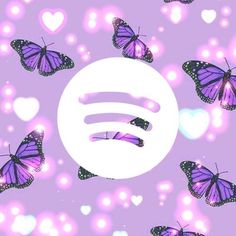 purple butterflies flying in the air over a white circle with music note on it's side