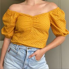 The Cutest New Mustard Eyelet Top From H&M! Beautiful Neck Line And Sleeves!! Feel Free To Ask Questions, Create A Bundle, Or Make An Offer!! Summer Yellow H&m Tops, Fall Pics, Beautiful Neck, Eyelet Top, Fall Pictures, Gold Yellow, The Cutest, Mustard, H&m