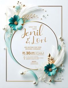 an elegant wedding card with flowers and feathers on it, in gold and blue colors