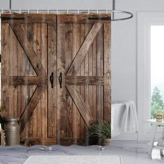 an open wooden door in a bathroom