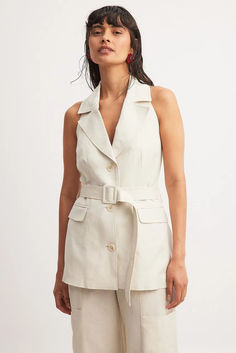 Long Tailored Belted Vest Spring Sleeveless Vest With Adjustable Straps, Chic Belted Sleeveless Vest, Fitted Belted Sleeveless Vest, A Button, Adjustable Belt, Na Kd, Light Beige, Stretchy Material, Influencer