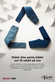 an advertisement for jeans is shown in the shape of a triangle and two pairs of blue jeans