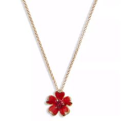 A Delicate Link Chain Suspends A Golden-Edged Vibrant Red Enamel Flower Pendant Sparkling With A Crystal Center. Set In Gold-Tone, Enamel And Crystal 17"-20" Adjustable Length 0.50” Pendant Diameter Signature Spade Lobster Clasp Closure Matching Earrings Also Available In My Closet Id-Jan22-Mks Elegant Red Kate Spade Jewelry, Red Kate Spade Jewelry As Gift, Elegant Red Flower Charm Necklace, Elegant Red Flower Necklace With Charm, Red Elegant Flower Necklace, Red Necklace With Flower Charm Pendant, Flower Pendant Necklace, Kate Spade Jewelry, Enamel Flower