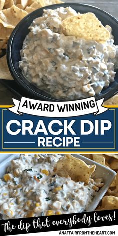 Creamy corn dip with just a little bit of jalapeno heat - this (Award Winning) Crack Dip Recipe has been deemed everyone's FAVORITE DIP for years! When I say this is the #BestDipRecipe, I'm not exaggerating. It's not "Award Winning" for nothing! Best Chip Dip, Creamy Corn Dip, Chip Dip Recipes, Corn Dip Recipes, Party Dip Recipes, Delicious Dips Recipes, Best Chips, Dip Recipes Easy