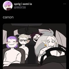 two people sitting in the back seat of a car, one is wearing glasses and the other has purple hair