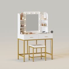 White-with Power Strip Classic Dressing Table, Dressing Table With Drawers, Mirrored Vanity Desk, Vanity Table Set, Large Vanity, Lighted Mirror, Mirror With Led Lights, Dressing Table Set, Vanity Desk