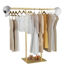 a rack with clothes and shoes hanging on it