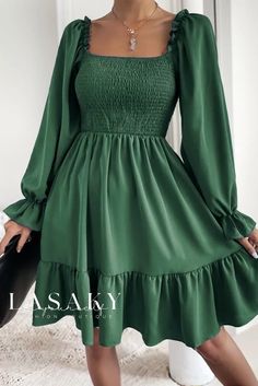 Lasaky - Chic and Elegant Long-Sleeved V-Neck Dress with Delicate Ruffled Hem and Flattering High Waist Bodice Dress, Body Con Dress, Ruffle Hem Dress, Flounce Sleeve, Business Outfit, Long Sleeve Bodycon, Long Sleeve Bodycon Dress, Romper With Skirt, Hem Dress