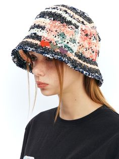 This is a comfortable and casual bucket hat that is made out of sturdy paper and cotton blend knit fabric. With a trendy and minimal design with bold stripe pattern and flower embroidery on the side, it gives a comfortable and casual look. - Paper yarn knit hat- Flower embellishments on the side- Bold stripe pattern Spring Cotton Beanie Hat, Casual Cotton Yarn Bucket Hat, Striped Cotton Casual Hat, Trendy Cotton Crochet Hat For Spring, Casual Cotton Yarn Sun Hat For Spring, Summer Striped Cotton Hat, Casual Cotton Crochet Hat With Curved Brim, Casual Cotton Crochet Hat For Spring, Casual Crochet Cotton Hat With Curved Brim