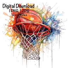 a basketball going through the hoop with paint splatters on it and text that reads digital