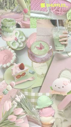 there is a collage of pink and green items on the table, including cupcakes