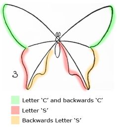 a drawing of a butterfly with the letter c and backwards written below it