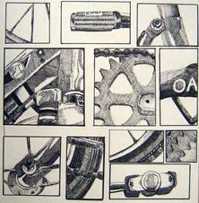 an image of bicycle parts displayed in black and white