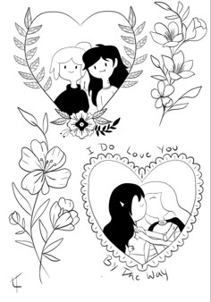 two heart shaped pictures with flowers and leaves on them, one is black and white