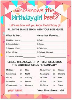 a birthday party game with the words who knows the birthday girl best? on it