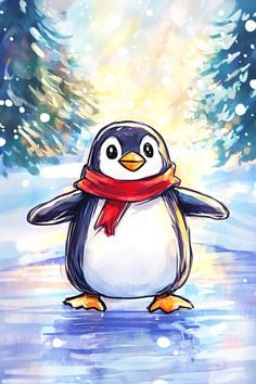 Wiggles Songs, Christmas Card Verses, Easy Scenery Drawing, Penguin Images, Kids Canvas Art, Art Demo, Kids Canvas, Winter Painting, Christmas Characters