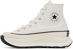 High-top canvas sneakers in off-white. · Round rubber cap toe · Lace-up closure · Faux-leather logo patch at inner side · Rubberized logo patch at heel counter · Cushioned CX foam footbed · Canvas lining · Sculptural rubber platform midsole · Treaded rubber outsole · Platform: H1.5 in Supplier color: Vintage white/Egret Converse Off White, Tenis Converse, White Egret, Color Vintage, Leather Logo, Canvas Sneakers, Converse All Star, Chucks Converse, Sneakers For Sale