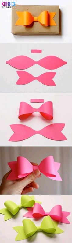 some pink and yellow paper bows are being cut out