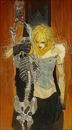 a drawing of a man with a skeleton in his hand