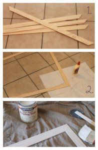 three pictures showing how to make a diy photo frame with wood strips and glue