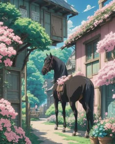 a horse that is standing in front of some flowers and buildings with pink flowers on the trees