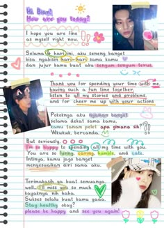 an open notebook with photos and text on the page, which has been written in different languages