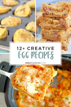 some food that is in a pan and has the words, creative egg recipes on it