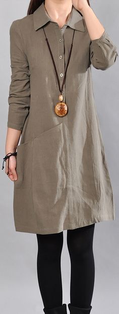 Elegant-army-green-linen-knee-dress-Loose-fitting-cotton-shirt-dresses-vintage-big-pockets-long-sleeve-cotton Knee-length Cotton Shirt Dress, Cotton A-line Shirt Dress For Fall, Casual Cotton A-line Shirt Dress, Solid Color Cotton Knee-length Shirt Dress, Knee-length Linen Shirt Dress With Buttons, Fancy Kurti, Pakistani Fashion Casual, Cotton Kurti Designs, Cotton Shirt Dress