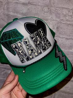 Mama 💚 💎 Trendy Green Visor Hat, Hip Hop Green Baseball Cap, Green Hip Hop Baseball Cap, Green Hip Hop Style Baseball Cap, Green Hip Hop Cap, Trendy Green Cap, Custom Iron On Patches, Hat Bar, Patch Hats