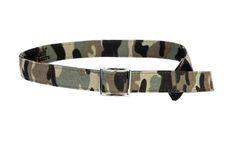 the belt is made from camouflage fabric and has a metal buckle on one side, while the