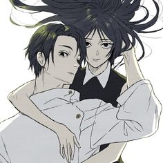 two anime characters hugging each other with their hair blowing in the wind