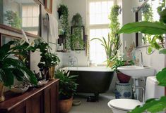 a bath room with a tub a sink and lots of potted plants in it