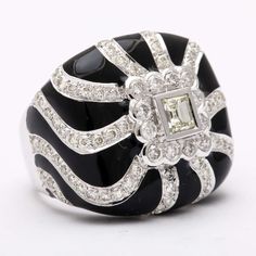 Stylish Black Enamel & DIamond set Swirl ring.  Hearkens to an earlier era with an update. Elegant Collectible Jewelry With Single Cut Diamonds, Elegant Jewelry With Single Cut Diamonds And Enamel, Designer Diamond Jewelry For Evening, Luxury Hallmarked White Gold Enamel Ring, Luxury White Gold Enamel Ring For Formal Occasions, Elegant Polished Enamel Ring, White Gold Luxury Enamel Ring For Formal Occasions, Designer Black Diamond Jewelry, Formal Round Enamel Diamond Ring