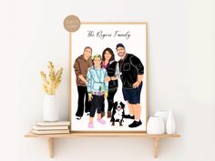 a family portrait is displayed on a shelf