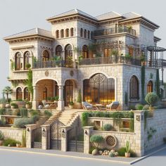 a very large house with lots of plants on the balcony and balconies above it