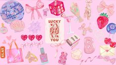 a pink background with lots of different items on it