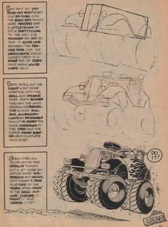 an old book with some drawings on the page and instructions for how to draw monster trucks