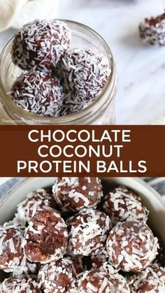 chocolate coconut protein balls in a bowl with text overlay that reads, chocolate coconut protein balls