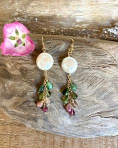 Gold filled dangle earrings with white freshwater coin Pearls and tourmaline gemstones Gold Dangle Earrings, Coin Pearls, Tourmaline Gemstone, Gold Earrings Dangle, Etsy Earrings Dangle, Fresh Water, Freshwater Pearls, Tourmaline, Gold Filled