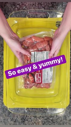 two hands reaching for some meat in a plastic container with the words so easy & yummy