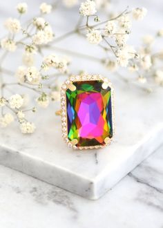 Cocktail Crystal Ring Statement Peacock Crystal Ring | Etsy Rainbow Ring For Party Jewelry, Rainbow Ring For Parties, Multicolor Party Ring Jewelry, Rainbow Party Ring Jewelry, Multicolor Gemstone Ring For Party, Multicolor Gemstone Party Rings, Elegant Multicolor Rectangular Rings, Multicolor Gemstone Crystal Ring For Party, Peacock Crystal