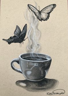 New Business Gift, Coffee Designs Art, Cafe Owner, Cup Tattoo, Butterfly Sketch, Coffee Art Print, Ink Spots, Sky Art Painting, Coffee Drawing