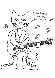 a black and white drawing of a cat playing guitar