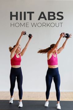 two women doing squats with dumbbells in front of a sign that says hit abs home workout