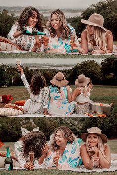 three women are sitting on the grass and having drinks