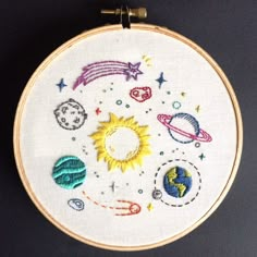 an embroidery project with different types of space related items on it, including the sun and planets